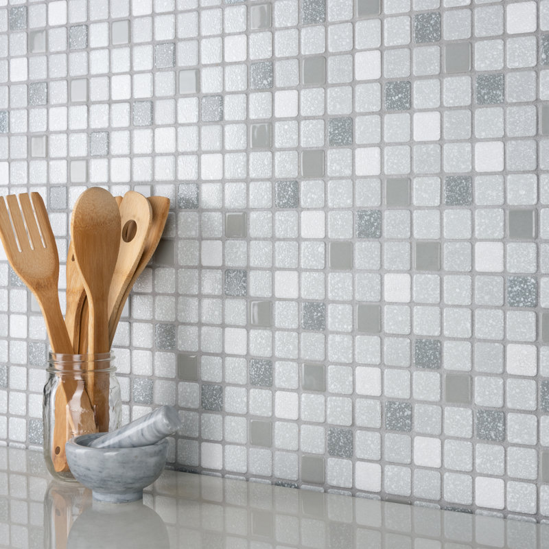 Crystalline Square 1.1" x 1.1" Porcelain Grid Mosaic Wall & Floor Tile, Gray/White