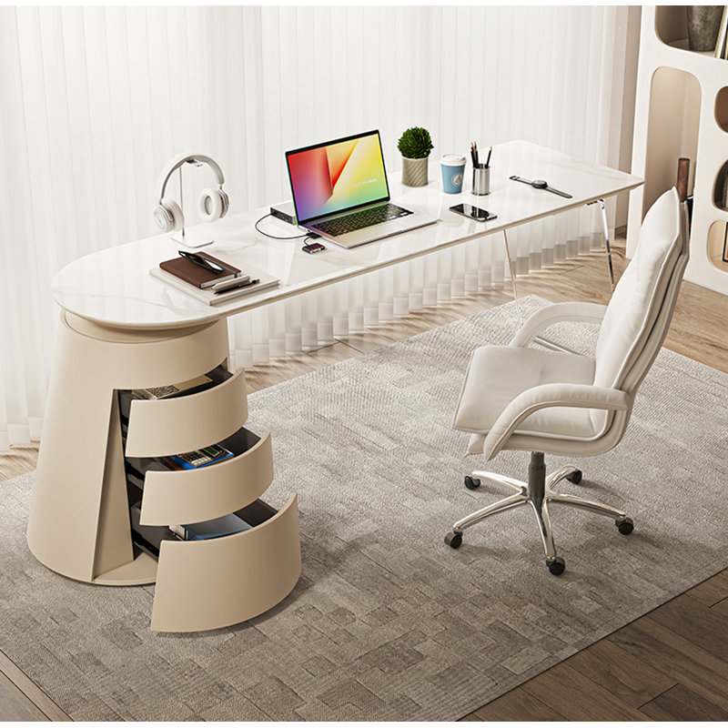 Bureau en pierre frittée crème et acrylique, 30" H x 72.8" W x 19.7" D