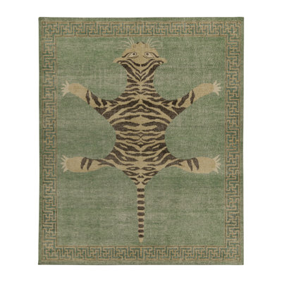 Rug & Kilim’S Distressed Tiger Skin Rug In Green, Beige & Black Pictorial