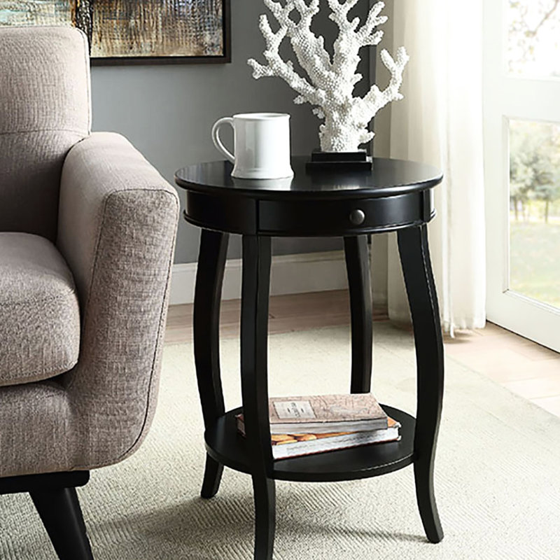 Table de bout en bois noir avec tiroir et tablette inférieure, style rond pour la maison
