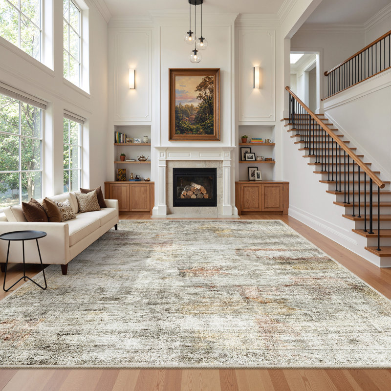 Washable Distressed Persian Rug, Rectangle 8' x 10', Gray/Rust