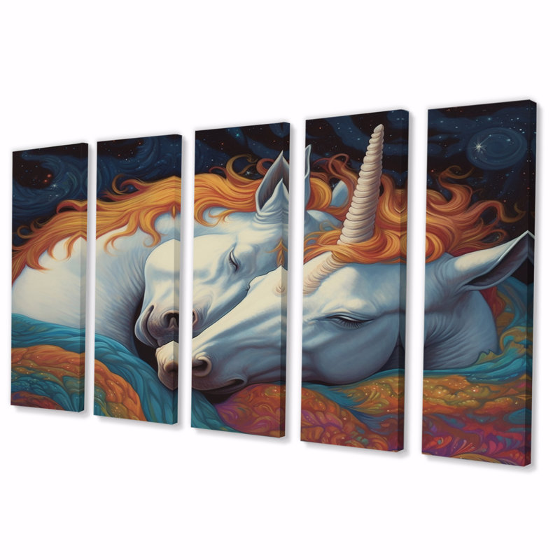 «Cute Unicorns Sleeping Together» - Impression sur toile Licorne fantastique - 5 panneaux égaux