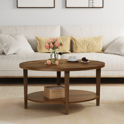 Solid Wood Oval Coffee Table with 2-Tier Shelves