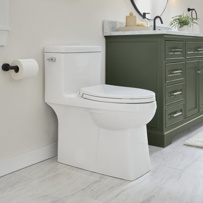 Gerber Sedria One-Piece Elongated Toilet, ADA Chair Height, High Efficiency 1.28 GPF, 12-in Rough-In, Fully Skirted Design, Soft-Close Seat & Install Kit with Wax Ring, White