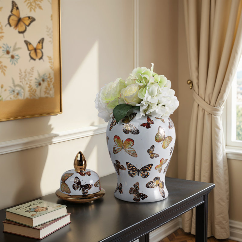 Gherghina Decorative Ceramic Butterfly Design Jar With Lid - Contemporary Tall Table Jar Decor - Versatile Jar Or Vase For Flowers In Living Room