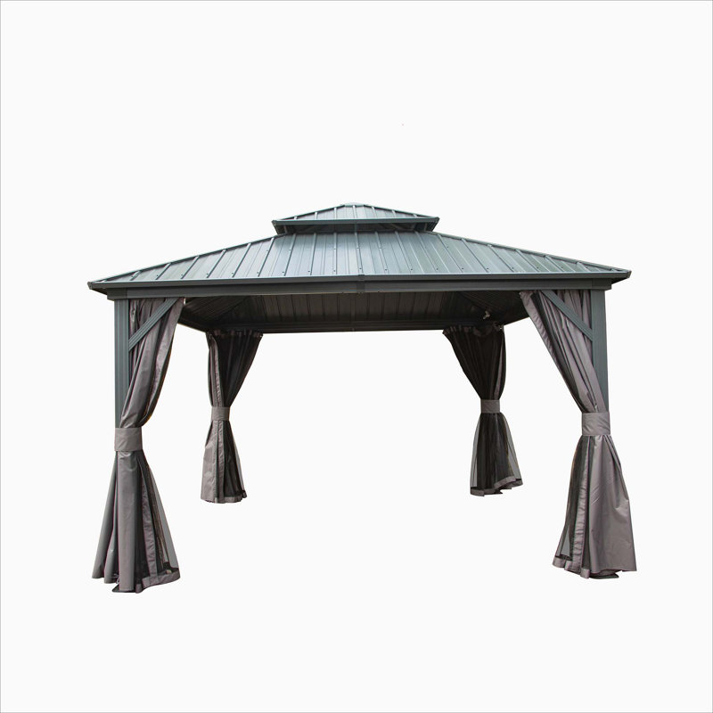 12' X 12' Hardtop Gazebo, Aluminum Metal Gazebo With Galvanized Steel Double Roof Canopy, Curtain And Netting, Permanent Gazebo Pavilion For Patio, Backyard, Deck, Lawn