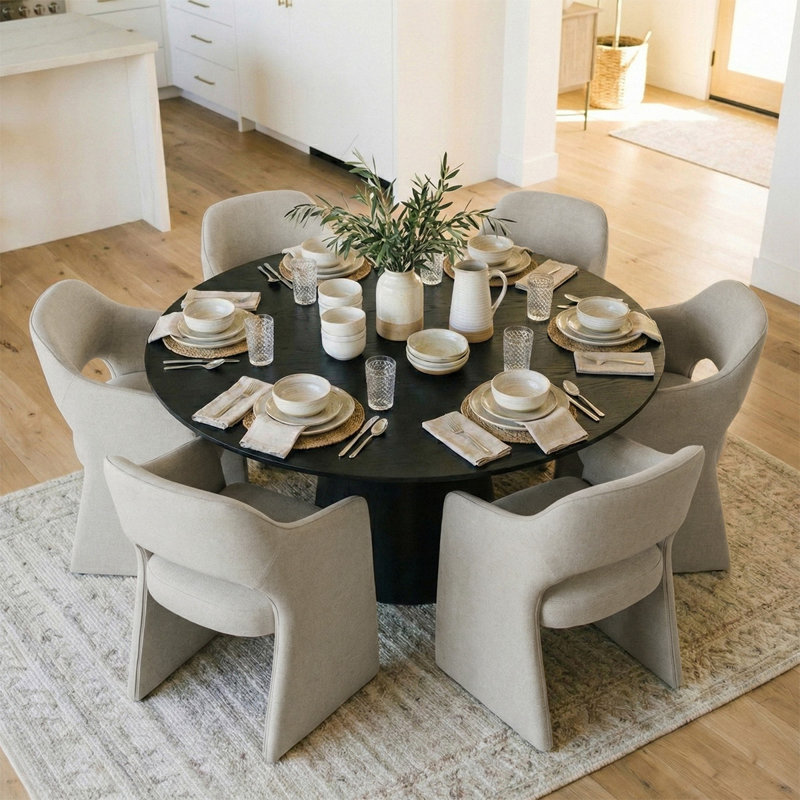 Ensemble de table de salle à manger pour 6 personnes avec table ronde et 6 chaises rembourrées imperméables, Beige, Noir