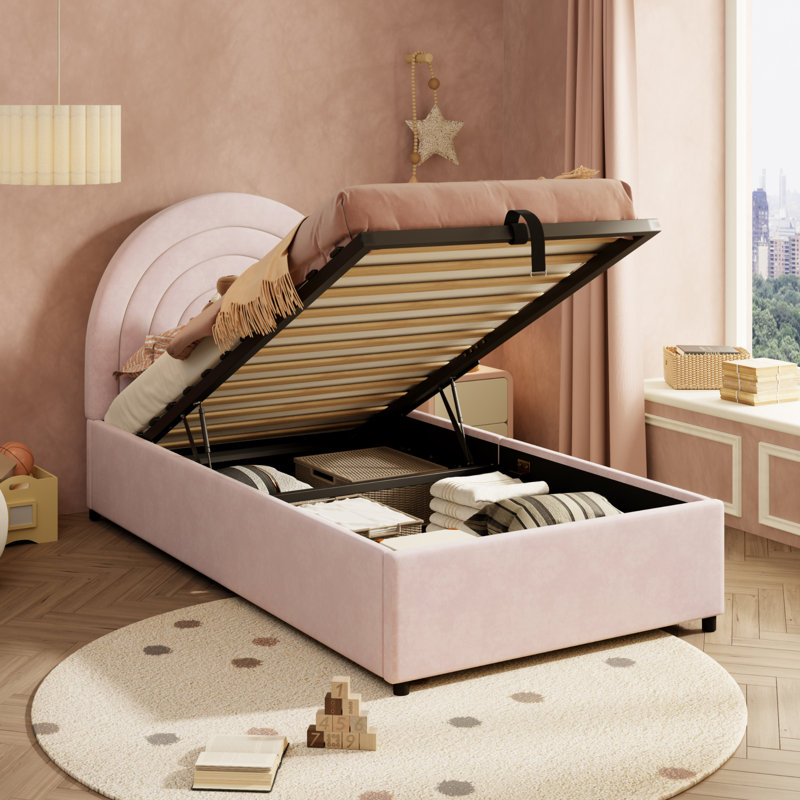 Upholstered Single  Bed 3Ft 90*190 Wooden Slats, Velvet - Pink