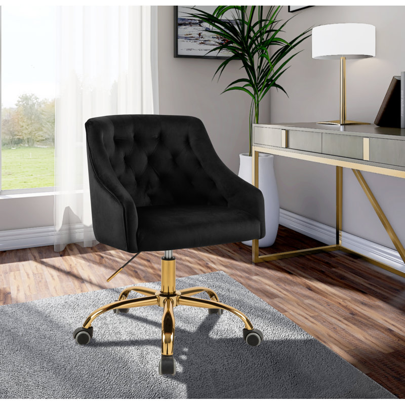Chaise de travail en velours Casmir, Velours noir, Doré