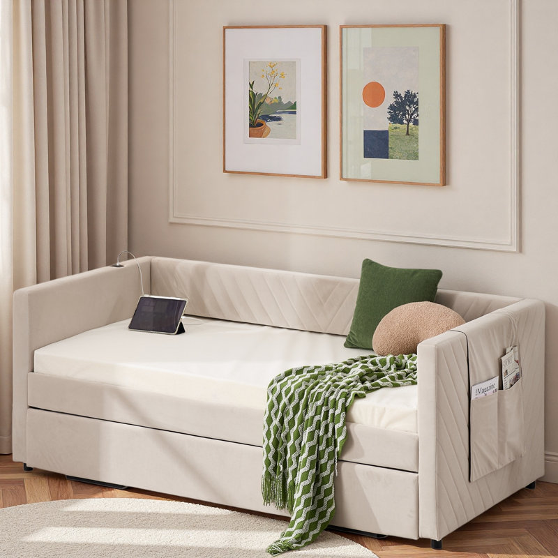 Upholstered Daybed With Trundle, Usb Port And Side Pockets, Beige