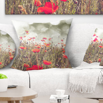 Red Poppy Flowers Meadow - coussin à imprimé floral