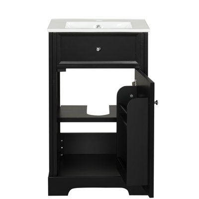 Meuble-lavabo de salle de bain de 50 cm (20 pouces) en noir, lavabo en céramique blanche, porte à fermeture douce et poignée ronde, montage de robinet monotrou, armoire noire, tablette réglable.