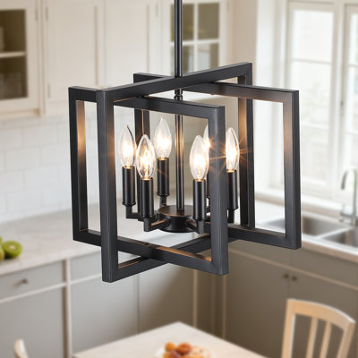 6-Light 15 in. Dimmable Modern Industrial Geometric Chandelier with Square Open Frame For Kitchen Island Living Room And Entryway  