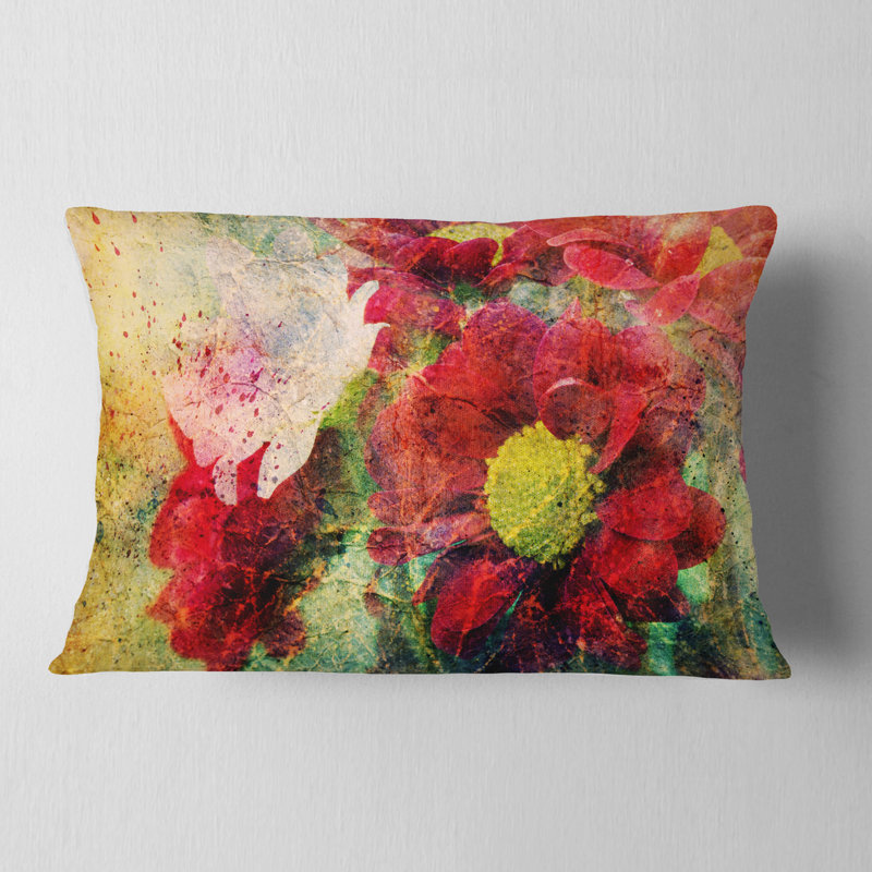 Red Flowers and Watercolor Splashes - Floral Printed Throw Pillow