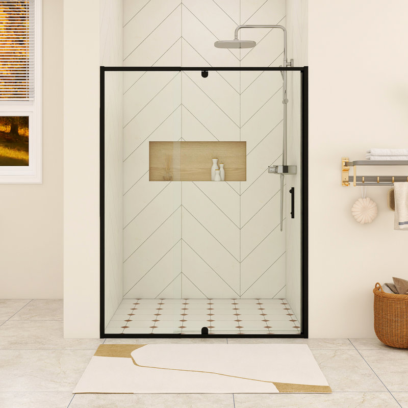 54 In. W X 71 In. H Pivot Framed Shower Door In Matte Black Finish, Matte Black