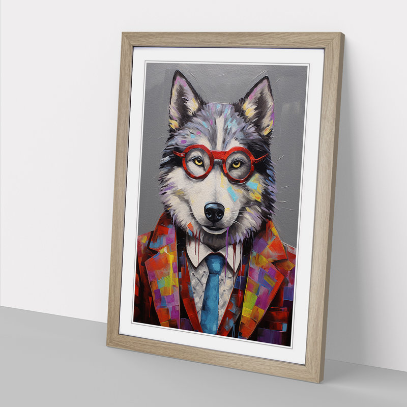 Husky Modern - Single Picture Frame Print on Wood, Oak, 34cm H x 25cm W x 2cm D