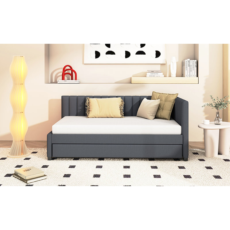 Twin Size Bed With Trundle, Gray Linen Upholstery, No Box Spring Needed, Frame Upholstered Daybed Ornament, Strong Footing, Spring, Element