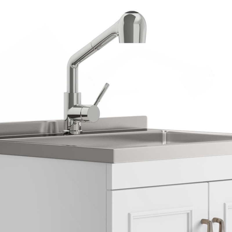 24" Laundry Cabinet With Faucet And Stainless Steel Sink - White, 35.4" H x 23.6" W x 19.7" D