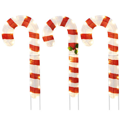 3 Pcs Pre-lit Candy Canes 31.5"h Xmas Yard Signs With 75 Led Lights Zip Ties
