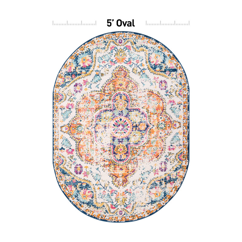 Beverly Oriental Orange/Blue/Cream Area Rug, Oval 5' x 7'