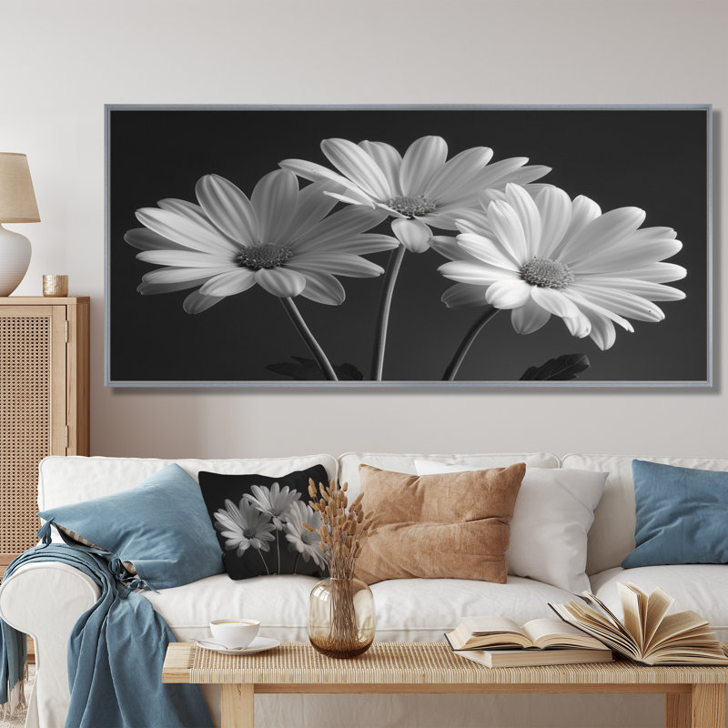 Monochrôme noir et blanc, bonheur, photo IV - marguerites, art mural, Encadrement argenté, H 28 po x l 60 po