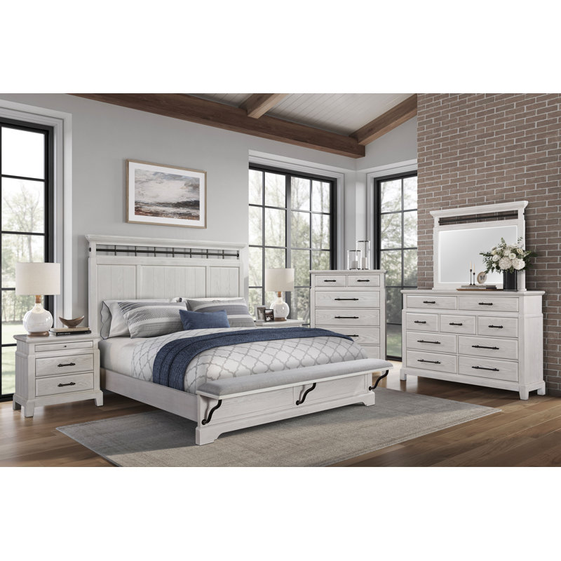 Preciado Panel Bed with Storage Bench – Elm Veneer, King & Queen Sizes, Whitewashed/Coffee/Carmel Finishes, Queen, Whitewash