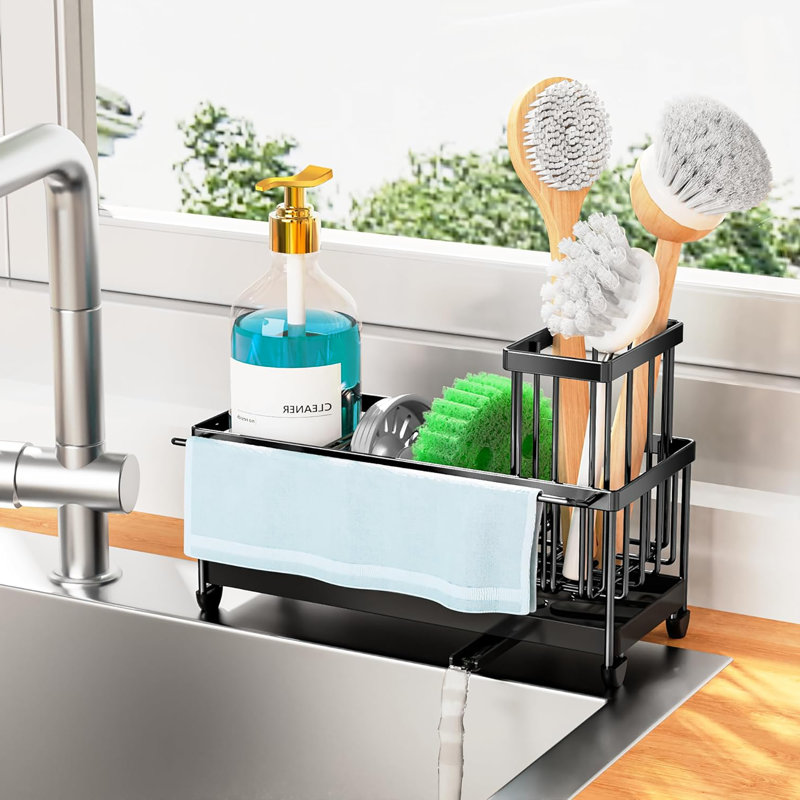 Porte-éponge en acier inoxydable 304 pour évier de cuisine - Porte-évier de cuisine avec porte-brosse haute et distributeur de savon
