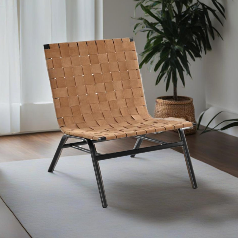 Siège d'appoint en cuir tissé brun avec style Mid-Century moderne et structure en métal