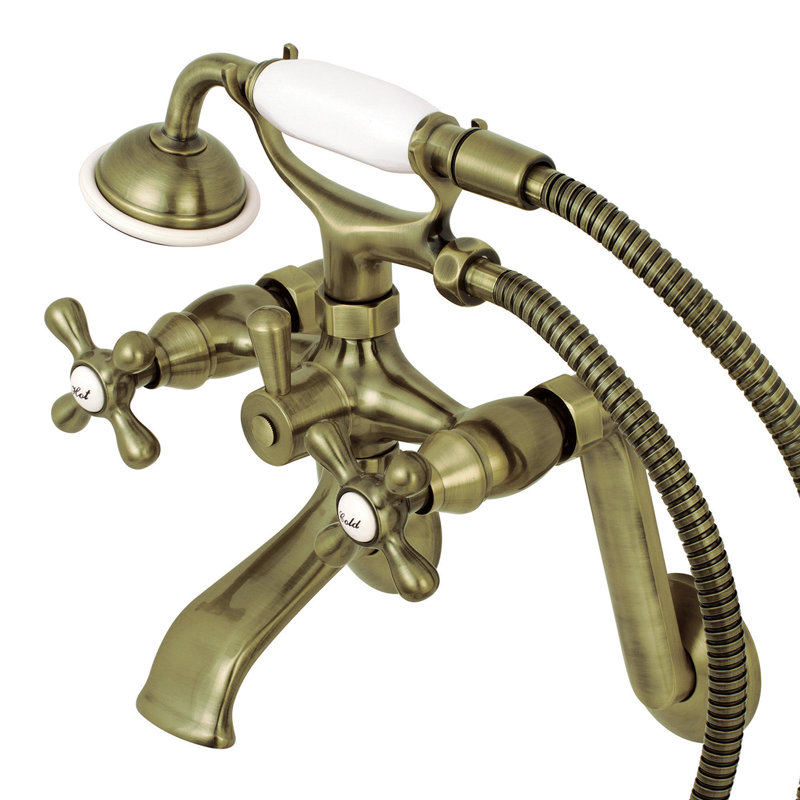 Kingston Brass Kingston Three-Handle 2-Hole Tub Wall Mount Clawfoot Tub Faucet with Hand Shower, Vintage Brass