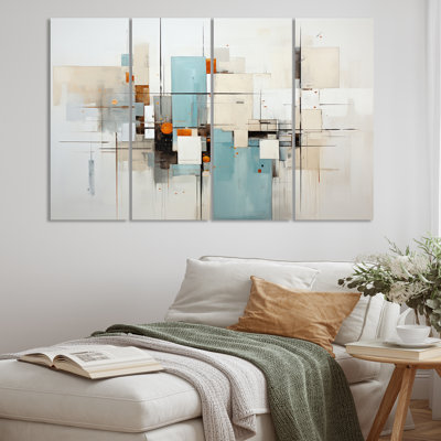 Beige Teal Suprematism Fragmented Geometries I On Canvas 4 Pieces Set