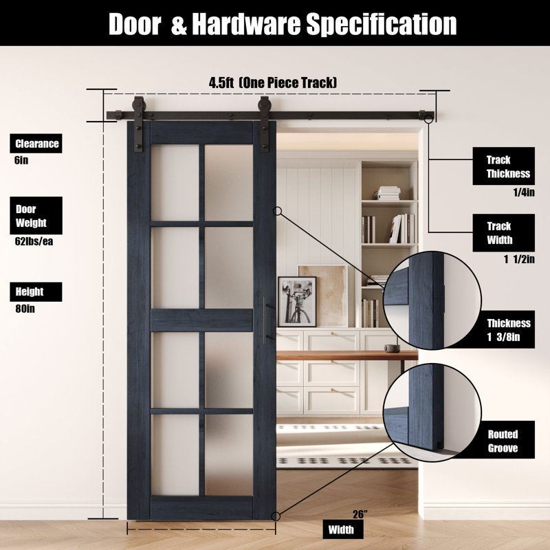 Porte de grange en verre non assemblé et fini de 26 po x 80 po avec quincaillerie Homacer de 26 po x 80 po Homacer, usage intérieur seulement