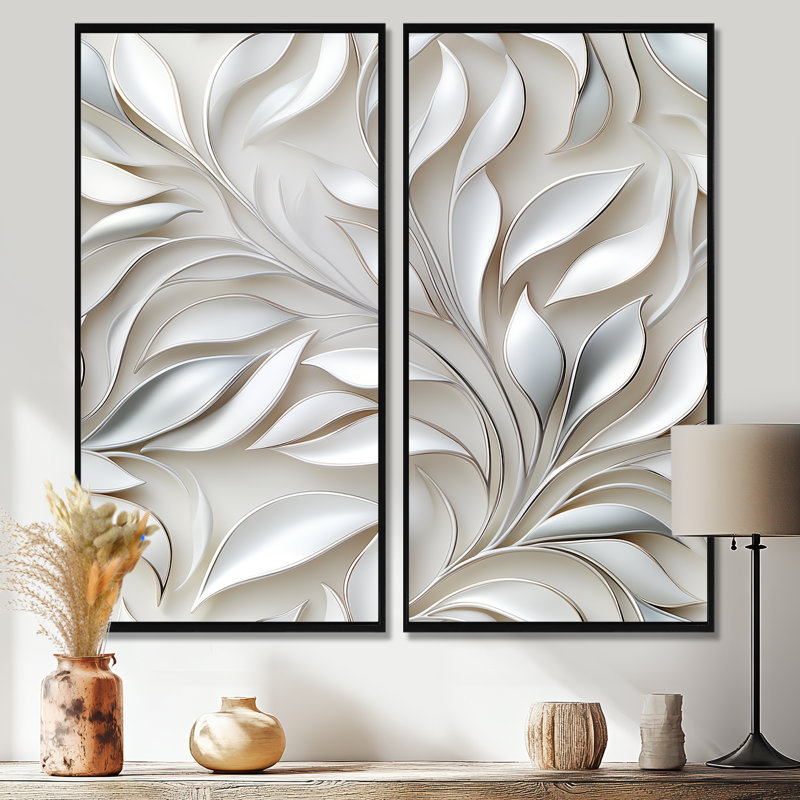 Abstrait argent et motif de fleurs blanches - Art mural sur toile blanche, H 40 po x l 40 po, Impression encadrée flottante