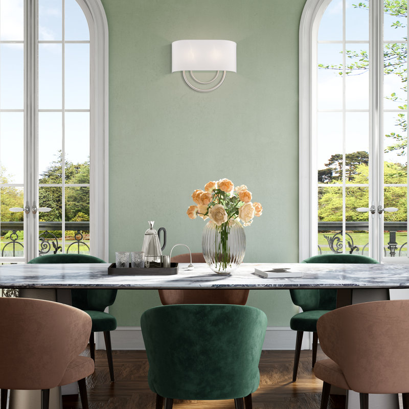 2 Light Bronze Large ADA Sconce With Hand Crafted Off-White Fabric Shade, Brushed Nickel