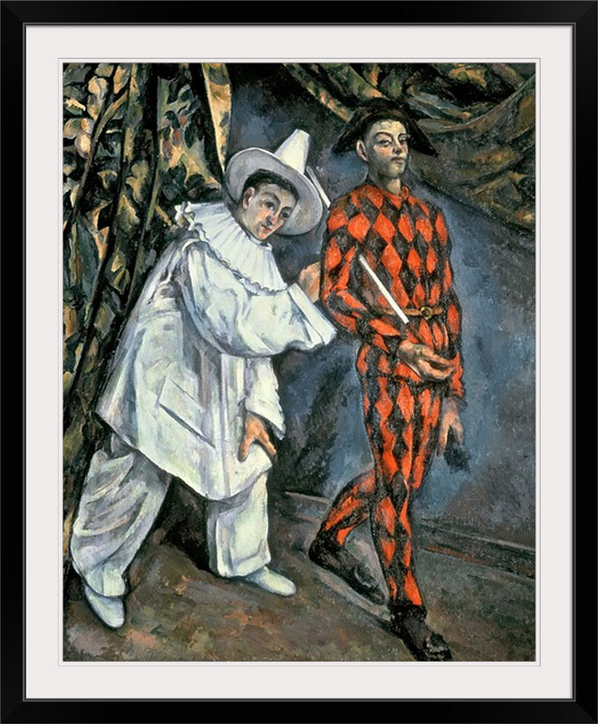 «Pierrot and Harlequin (Mardi Gras), 1888» par Paul Cezanne - reproduction, H 23 po x l 20 po x P 1 po, Cadre noir