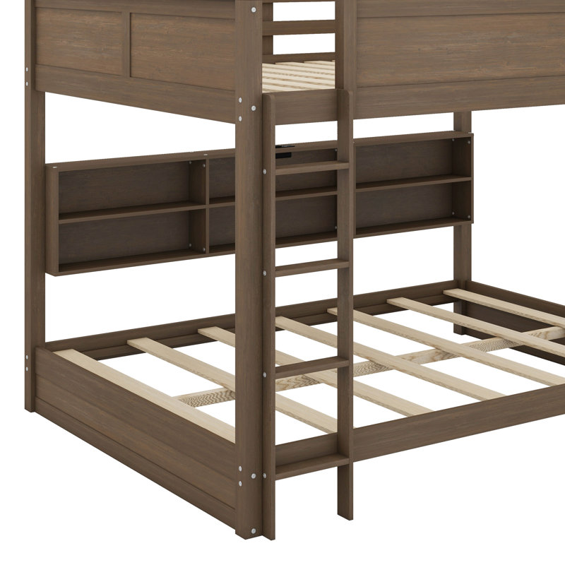 Queen Over Queen Bunk Bed With Cabinets And USB, Antique Wood