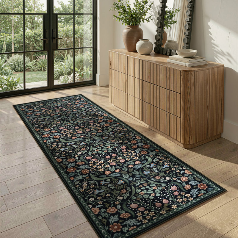 Tapis lavable à motif floral Kaldi, Tapis de couloir 2 pi x 6 pi, Noir