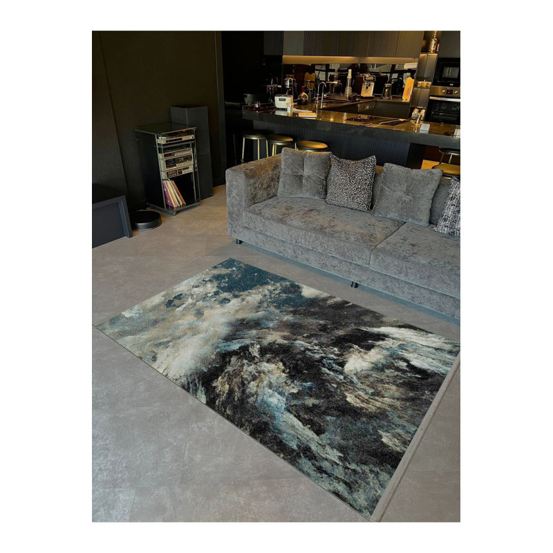 Machine Washable Black Abstract Sky and Clouds Modern Decorative Rug, Rectangle 3'3" x 4'11" Rug Pad Included