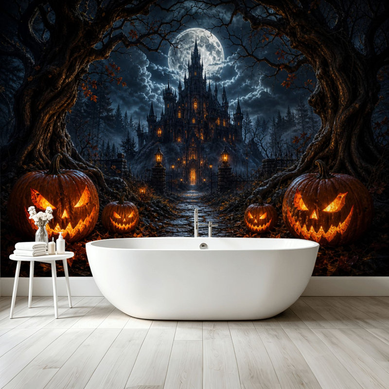 Peel and Stick Wallpaper Wall Mural Haunted Gothic Castle O Lanterns Under Full Moon Halloween Night Wall Art Self Adhesive and Removable