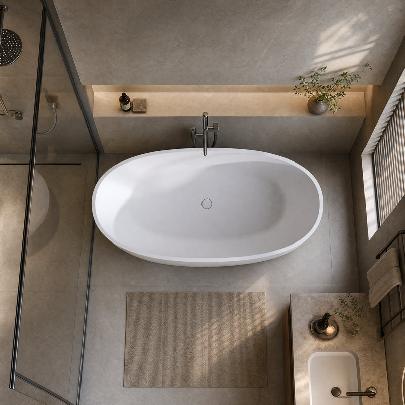 Baignoire de trempage autoportante en résine de 63 po à surface solide avec trop-plein et bonde escamotable 63 po