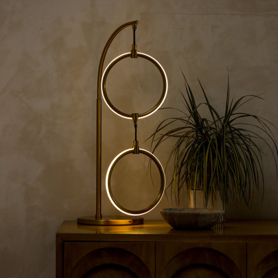 Nova 24 in. Double Hoop Novelty LED Halo Industrial Arched Gold Brass Table Lamp with Built-In 3-Way Dimmer