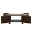 Table basse ovale cannelée avec rangement pour le salon, bois d'hévéa massif, 1 tablette et 2 portes de rangement ouvertes-1630618841