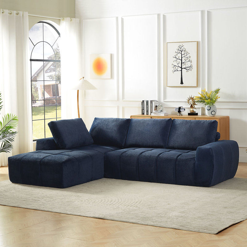 110" Upholstered Corduroy L-shape Sectional Couch With Chaise, Dark Blue Corduroy