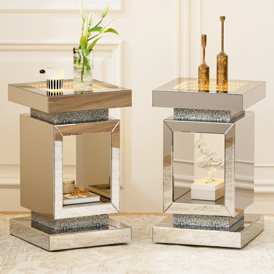 Mirrored End Table with LED Light, Mirrored Nightstand with Crushed Diamonds, Silver Side Table with Large Tabletop for Living Room, Bedroom and Office
