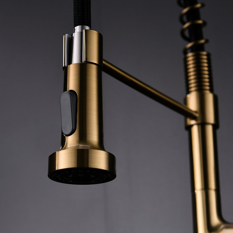 Robinet de cuisine contemporain doré avec segment rétractable, levier à poignée simple, rotation sur 360 °, bec arqué haut, robinet en céramique, unité commerciale en laiton