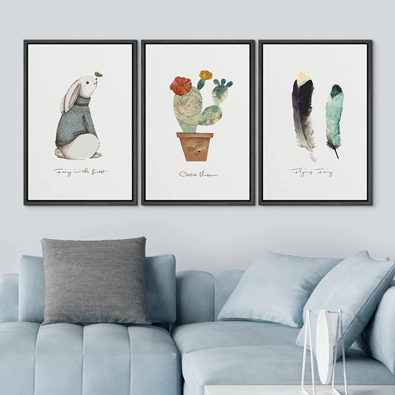 IDÉE4WALL, ensemble de reproductions d'art encadrées, lapin, cactus et plumes, trio, nature sauvage, illustrations, art moderne, rustique, pastel coloré pour le salon, la chambre à coucher, le bureau