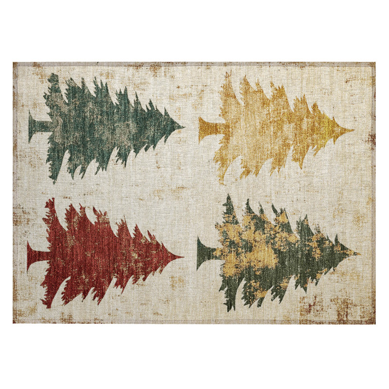 Machine Washable Indoor/Outdoor Christmas Tree Xhevrie Ivory Rug, Rectangle 1'8" x 2'6"