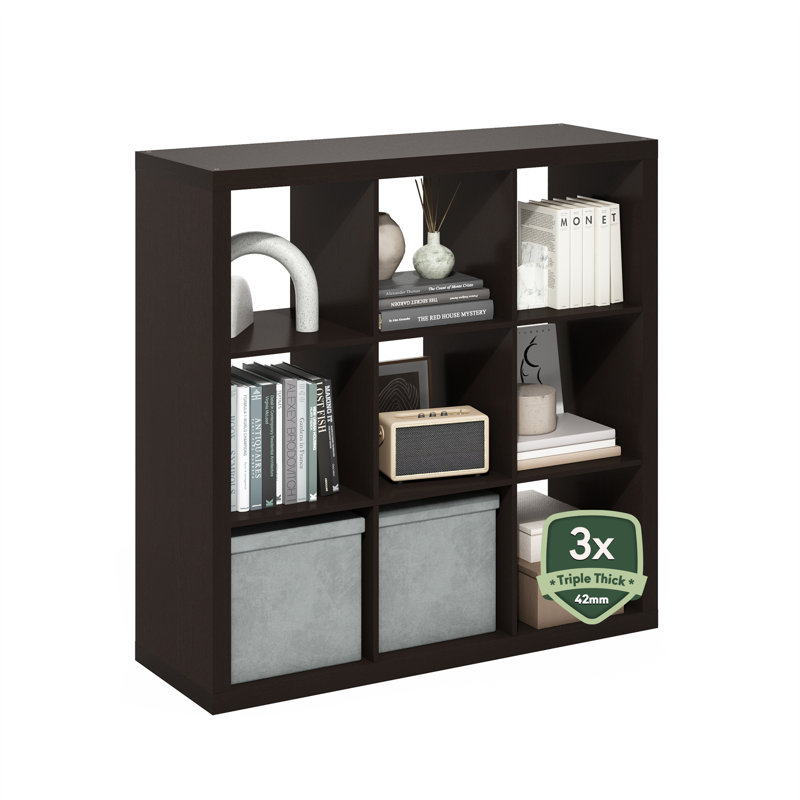Cubicle Book Shelf, 9-Cube Bookshelf, Triple Thick Frame Cube Storage Organizer Bookcase, 15.3 x 43.8 x 43.3, for Living Room, Bedroom, Home Office, Dark Oak