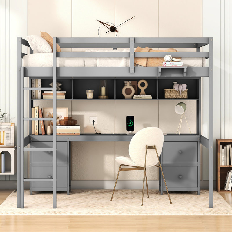 Gray Size Loft Bed With Desk, Ample Storage And Charging Solution Full Size Cabinets, Charging, Hue, Gray