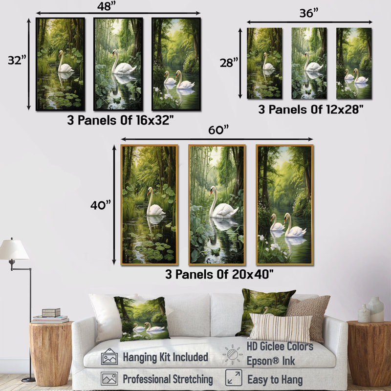 «Swans Refuge By The Lake», ensemble de 3 impressions sur toile Swans, Cadre flottant doré, H 32 po x l 48 po