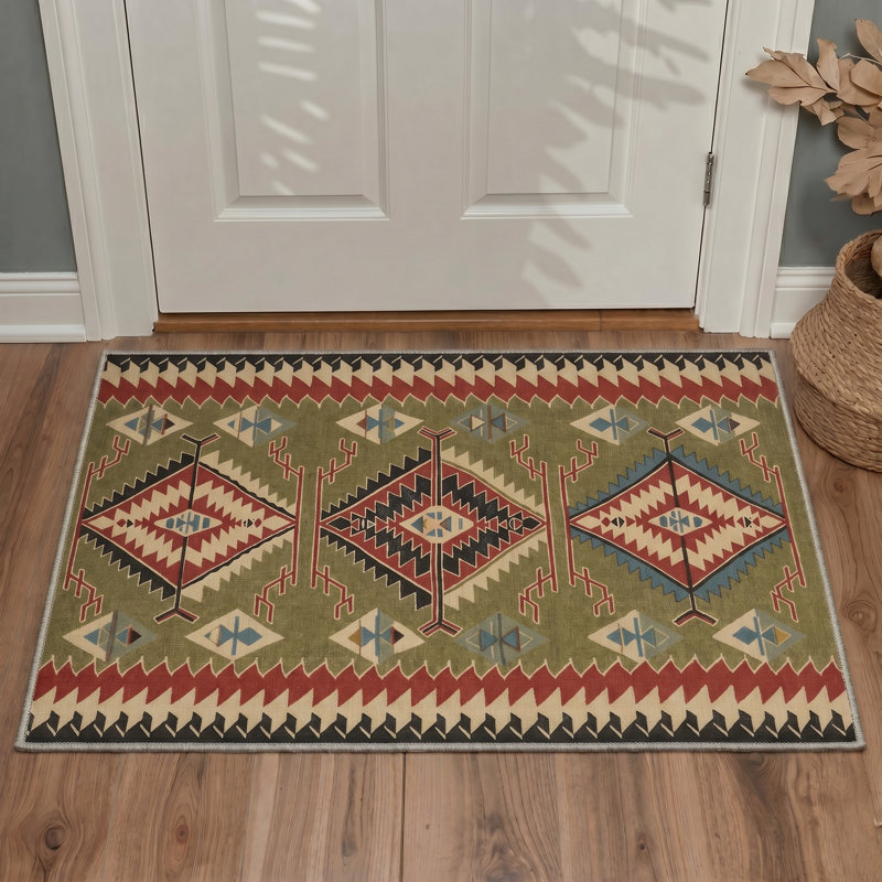 Tapis intérieur rouge / noir / beige lavable à la machine Abrahamson avec envers antidérapant, Rectangle 108 po x 72 po